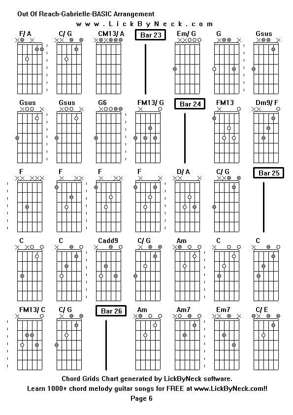 Chord Grids Chart of chord melody fingerstyle guitar song-Out Of Reach-Gabrielle-BASIC Arrangement,generated by LickByNeck software.